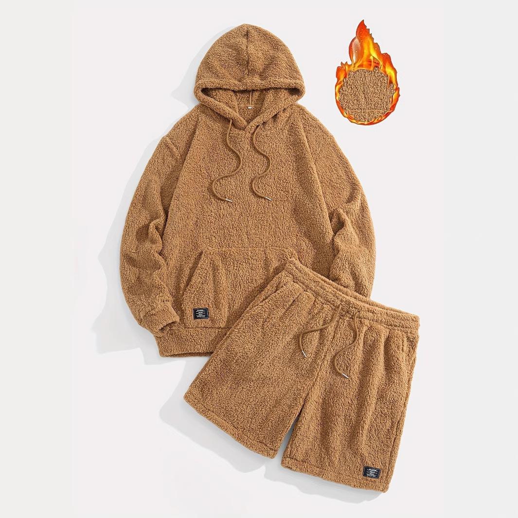 Warm Lambswool Casual Set Mens Hooded Sweatshirt Shorts 5