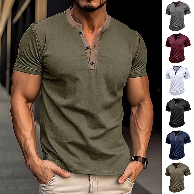 Fashion Short-sleeved Polo Shirt Summer Button V-neck T-shirt Tops Mens Clothing 1