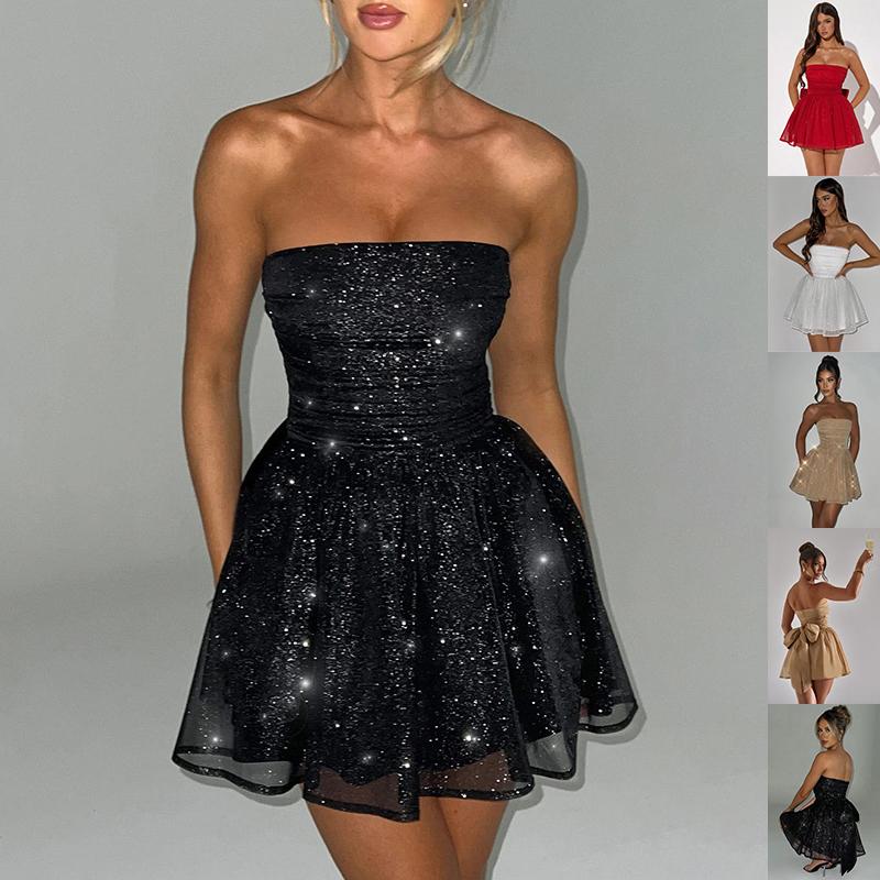 Tube Top Lace Dress With Back Bow-knot Summer Fashion Temperament Mesh Stitching Off-neck Short Skirt 1