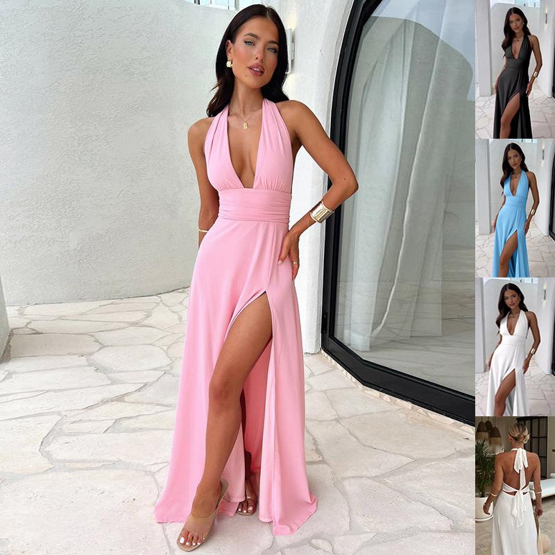 Sexy Halterneck V-neck Slit Dress Summer Backless Strappy Skirt Fashion Temperament Clothing Women 1