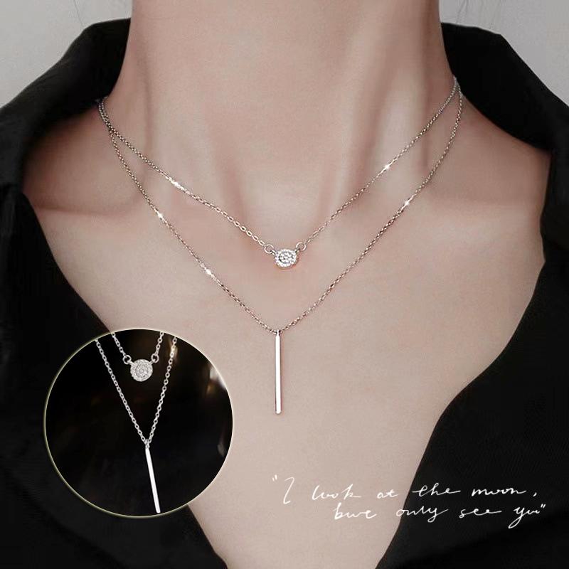 S925 Silver Color Double Chain Long Stick Micro Pave Zircon Round Pendant Necklaces For Women Trendy Jewelry 1