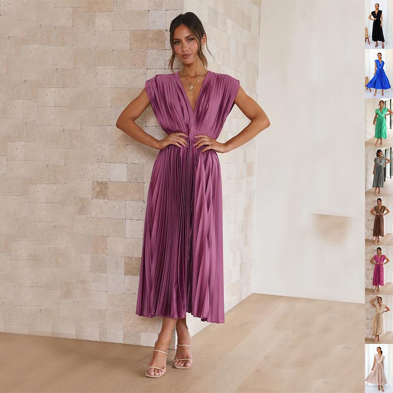 Summer V-neck Pleated Dress INS Fashion Casual Loose Zip Sleeveless Dresses For Women Clothing 1