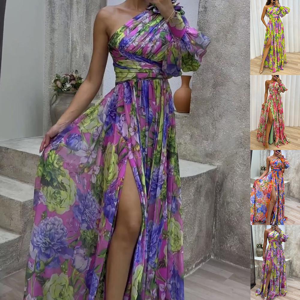 Floral Print Split Maxi Dress Fashion Sexy One-shoulder Long-sleeved Dresses Summer Beach Clothing For Women 1