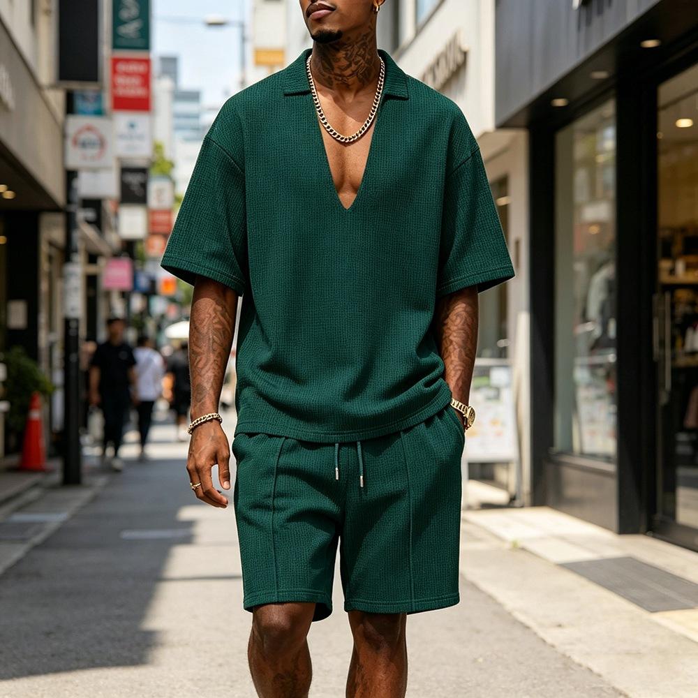 Mens Casual Sportswear Set V-neck T-shirt And Shorts