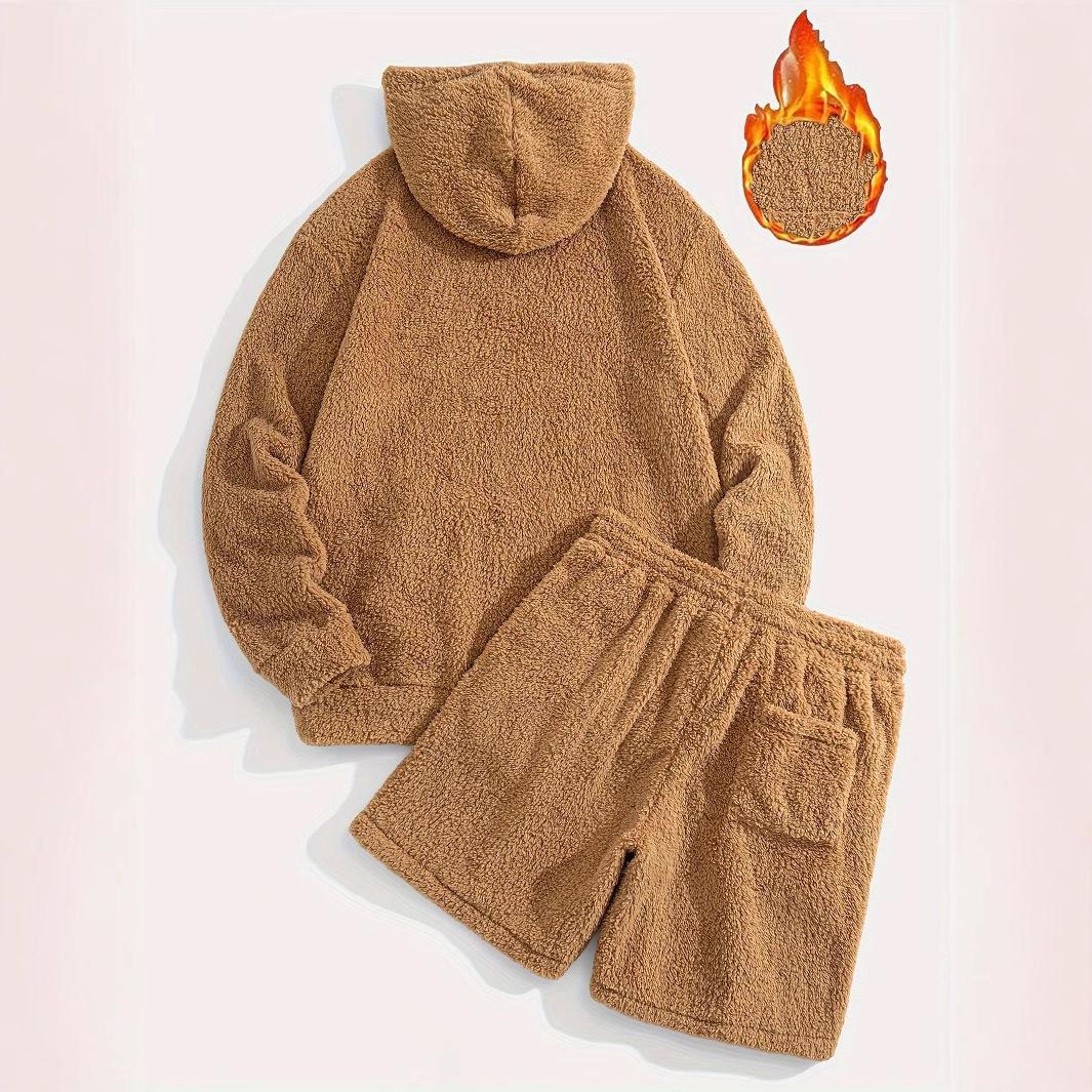Warm Lambswool Casual Set Mens Hooded Sweatshirt Shorts