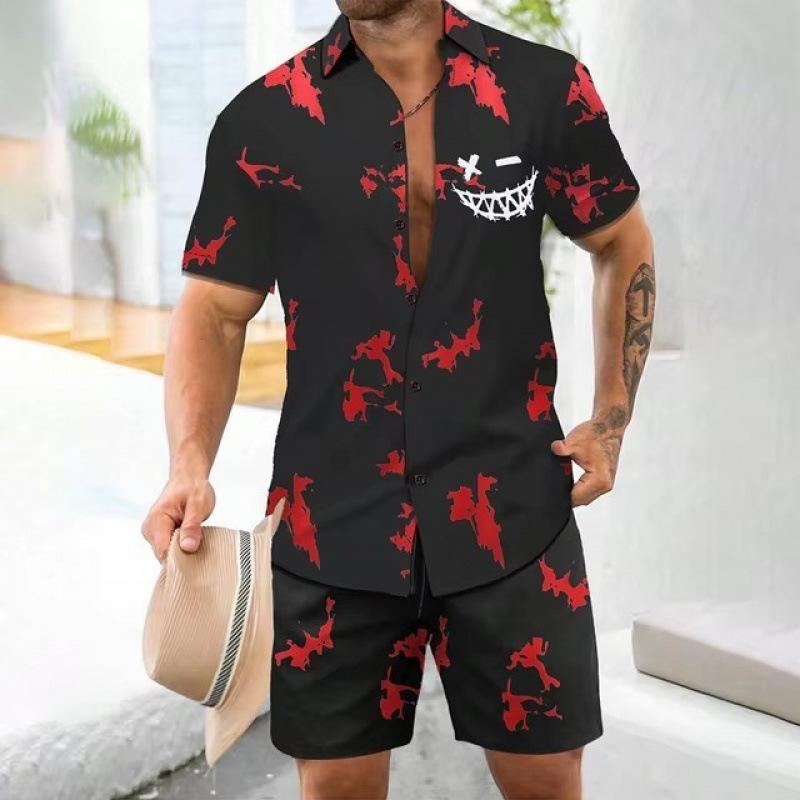 Mens Fashionable Digital-Print Shirt And Shorts Set
