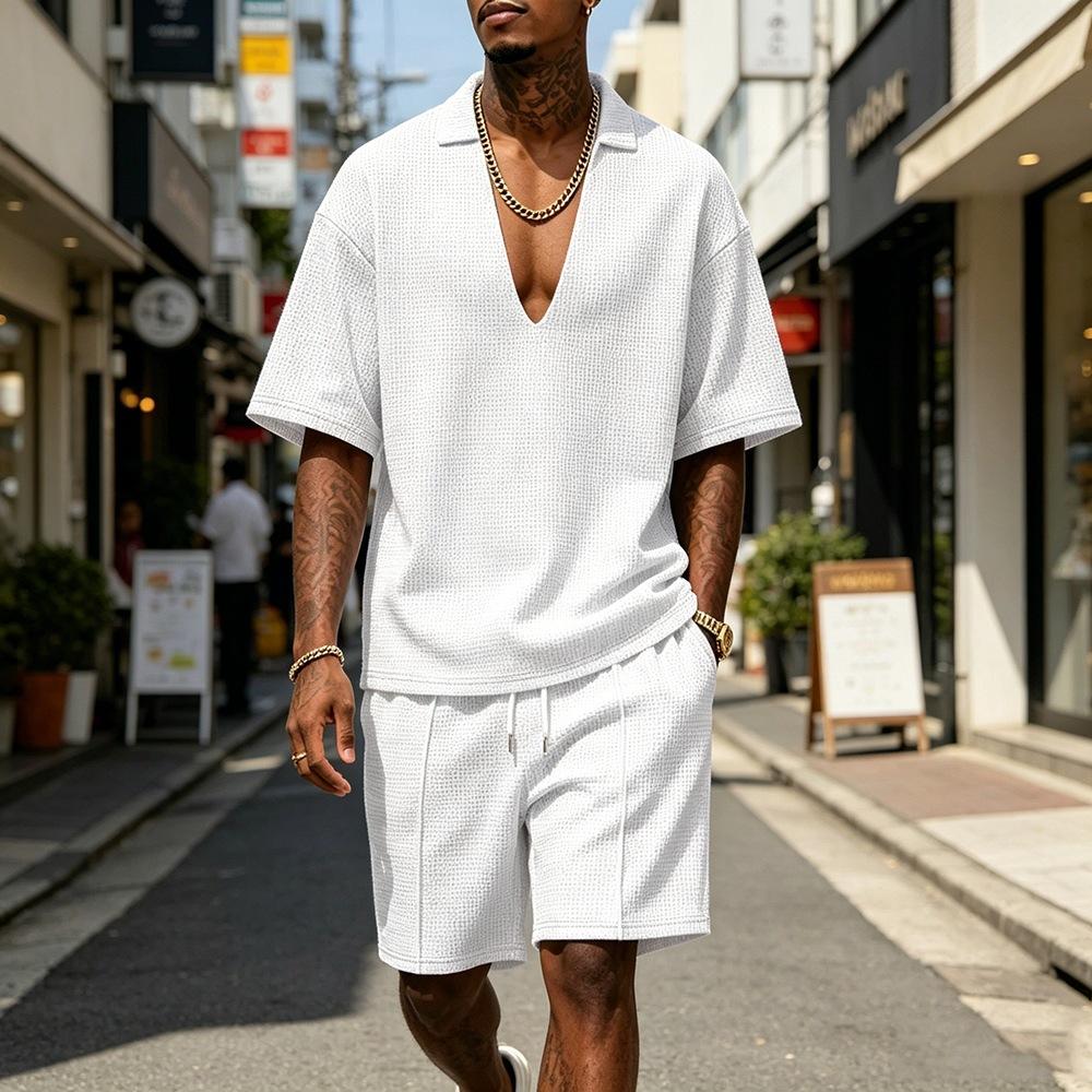 Mens Casual Sportswear Set V-neck T-shirt And Shorts
