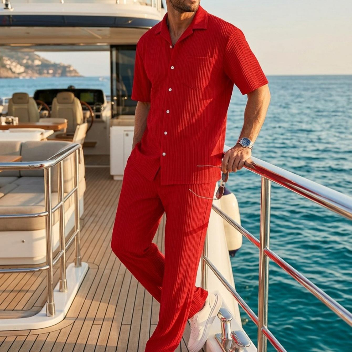 New Mens Solid Color Button Down Shirt And Trousers Set